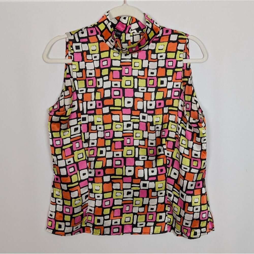 Vintage 90s LINDA HUTTON 100% Silk Geometric Button-Up Back Mock Neck Shirt Top